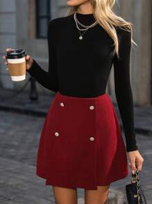 SHEIN Clasi Váy ngắn thanh lịch hai hàng khuy bất đối xứng màu trơn cho nữ - Màu Đỏ Sâu - Xem 6