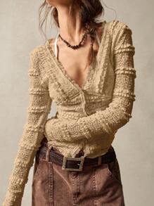 Bohemela Solid Color V-Neck Long Sleeve Fitted Regular Women's Top For Vacation - Khaki - View 3