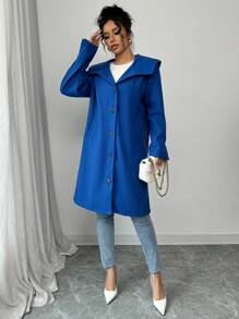 SHEIN Unity Women's Solid Color Long Sleeve Single-Breasted Long Casual Overcoat, Autumn/Winter - Blue - View 5