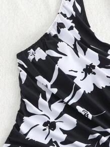 女士随机印花斜肩简约日常连体泳衣夏季 - 黑與白 - 查看 5