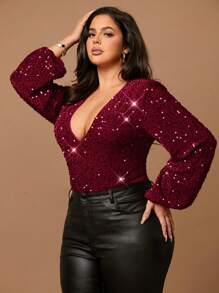 SHEIN BAE Tutina elegante da donna taglia forte con maniche a sbuffo, scollo a V profondo, e paillettes rosse, adatta per l'autunno e l'inverno, incluso Ognissanti - Bordò - Visualizzare 4