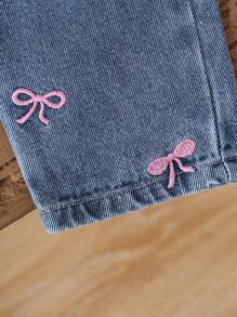 SHEIN Vintaside Kids Baby Girls' White Round Neck Sweatshirt With Pink Bow Print, And Pink Bow Embroidered Denim Pants, Sweet And Lovely Casual Outfit, Autumn/Winter