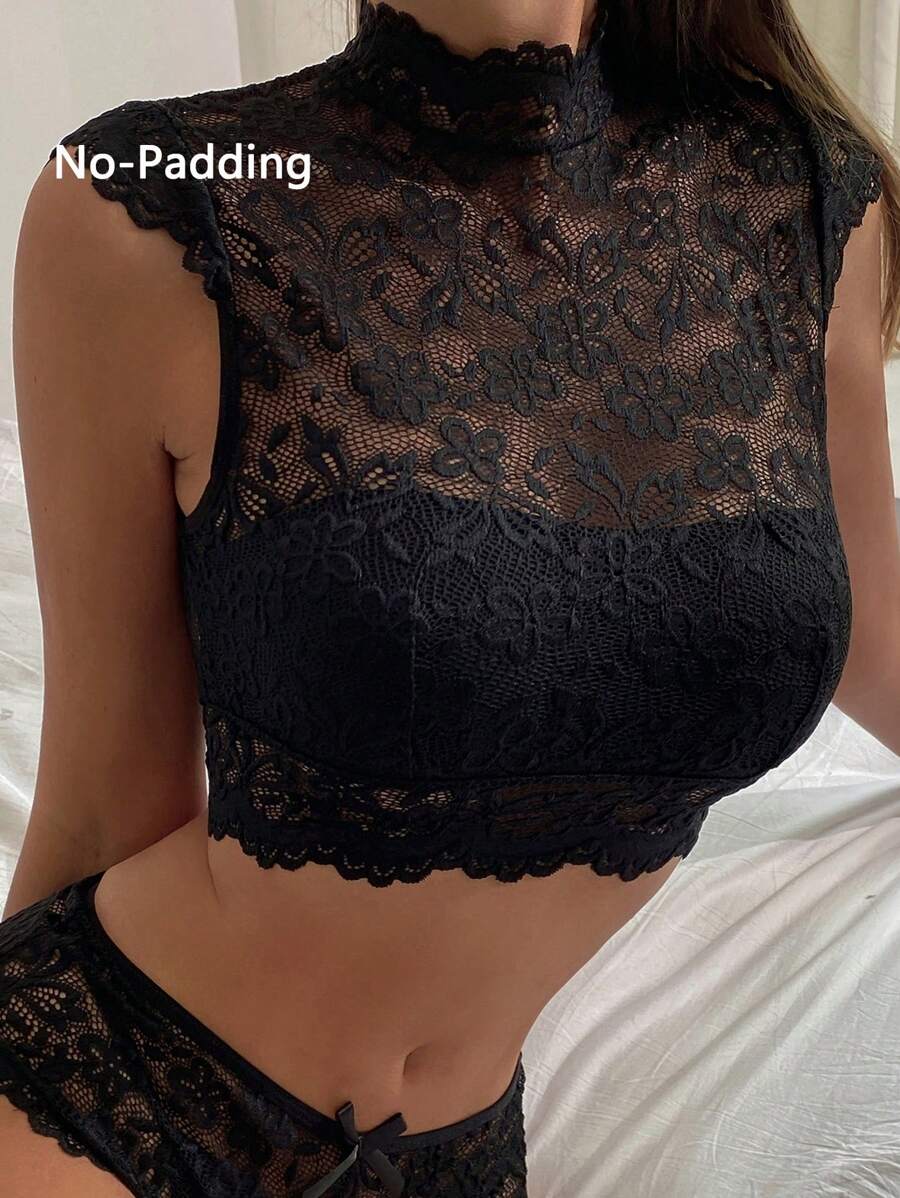 Floral Lace Scallop Trim Bralet - Black - View 1