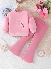 2 件套女孩可爱花朵图案圆领泡泡袖上衣和松紧腰喇叭裤套装，适合秋冬季 - 粉色 - 查看 1