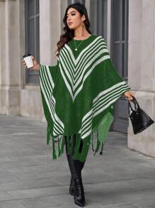 Calvaya Pull ample pour femmes avec rayures, col rond, manches chauve-souris et ourlet à franges. Convient pour l'automne et l'hiver