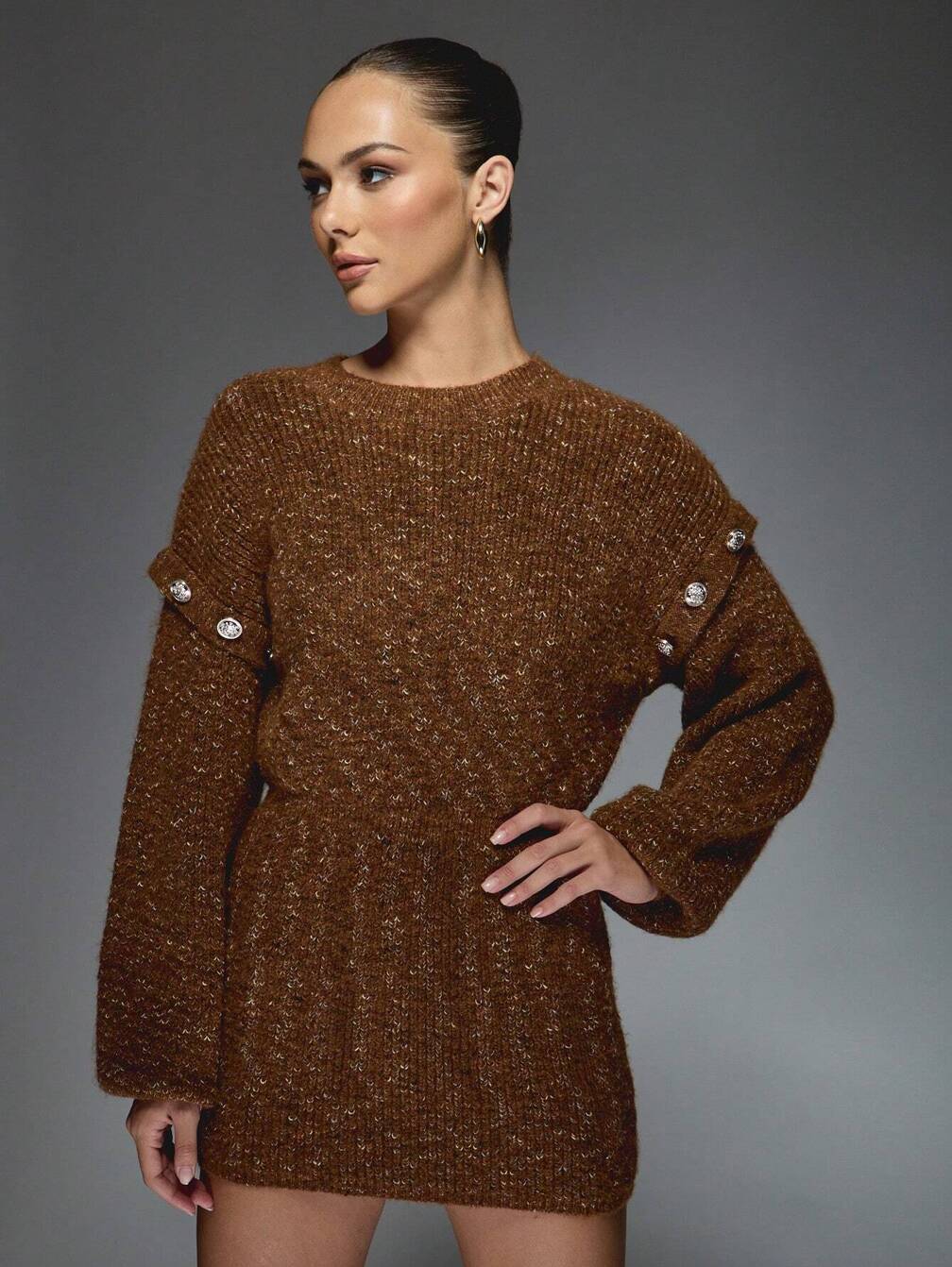 glitter knit mini dress Motel Reeta off-shoulder mini dress in khaki shimmer-Green
