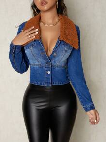 SHEIN SXY 修身蓬松领女式牛仔圣诞服装女式感恩节派对夹克 - 藍色 - 查看 3