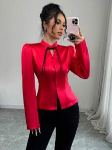 SHEIN Unity Blus Wanita Elegan dengan Kerah Tegak dan Kontras Warna, Potongan Pas Badan, Cocok untuk Pakaian Tahun Baru dan Musim Gugur. - Merah - View 3