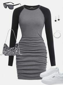 Girlism Adolescente fete tricot colorblock cu talie mulata cu maneci bufante cu volane rochie sport casual pentru toamna, intoarcere la scoala