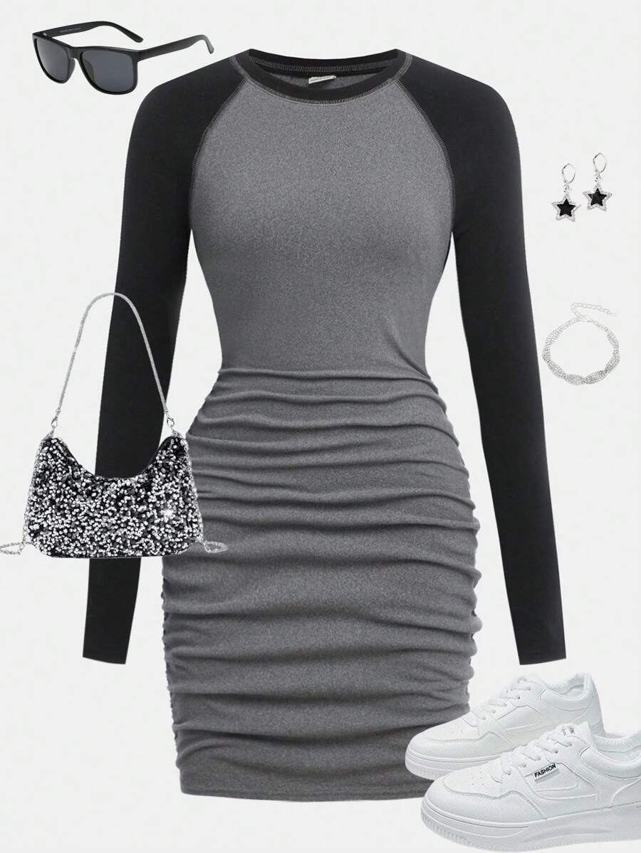 Girlism Adolescente fete tricot colorblock cu talie mulata cu maneci bufante cu volane rochie sport casual pentru toamna, intoarcere la scoala