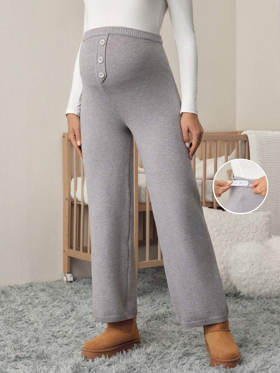 SHEIN Maternity Casual Solid High Waist Knitted Blend Pants, Autumn/Winter