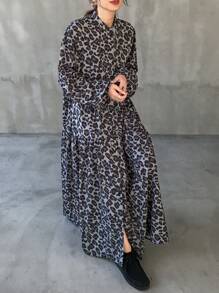 FRIFUL 女式前扣长袖休闲豹纹长裙 - 深灰色 - 查看 1