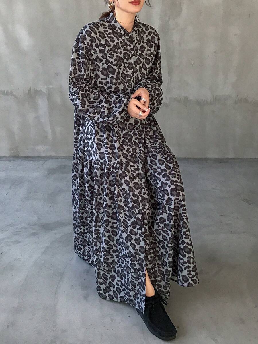 FRIFUL 女式前扣长袖休闲豹纹长裙 - 深灰色 - 查看 1
