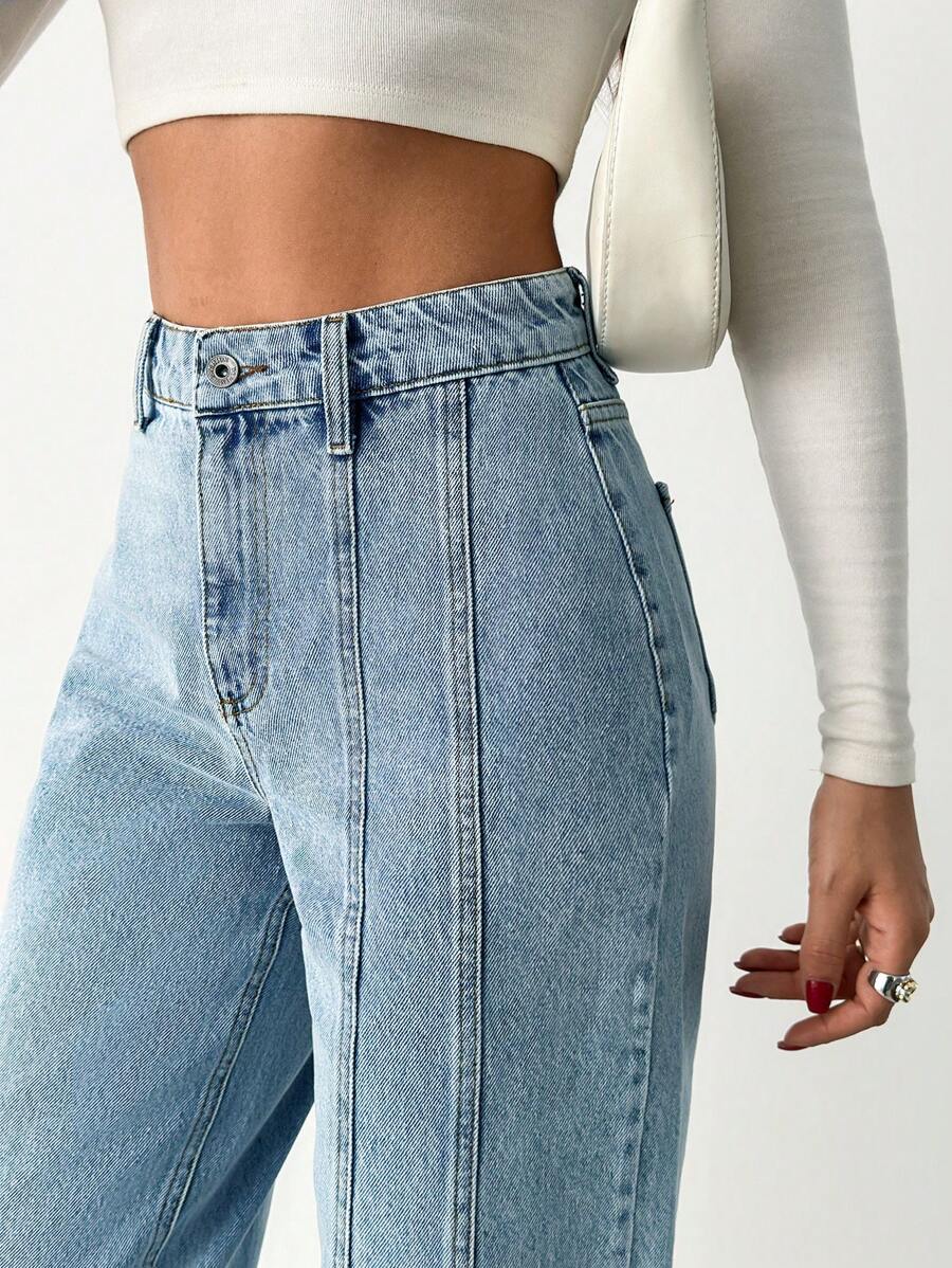 EURMUSE HIGH WAIST FRONT SEAM DETAILED LOOSE STRAIGHT LEG JEAN - Light Wash - View 1