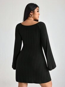 SHEIN ICON Plus Size Women's Square Neck Ruched A-Line Flare Sleeve Dress, Autumn Dress - Black - View 4