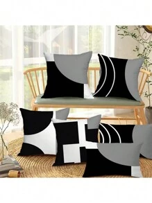 4pcs Black White Geometric Print Polyester Pillow Cover Cushion Cover Room Decoration Bedroom Decoration Sofa Decoration Pillow Core-Not Included,Fall Decor,Autumn Decor,Room Decor - Black and White - View 8