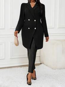 SHEIN Lady 秋冬季优雅工作海军蓝色羊腿袖大码外套冬季女外套