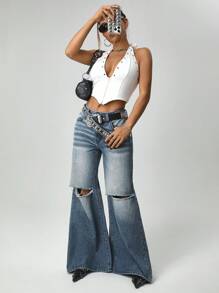 SHEIN ICON Women's Loose High-Waisted Ripped Pocket Denim Wide Leg Jeans Holiday Outfits - Blue - View 3