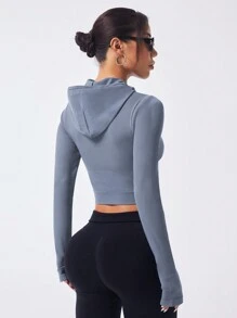 Easithlete Easithlete Solid Color Hooded Zip-Up Long Sleeve Seamless Sports Jacket - Grey - View 7