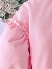 2 件套女孩可爱花朵图案圆领泡泡袖上衣和松紧腰喇叭裤套装，适合秋冬季 - 粉色 - 查看 4