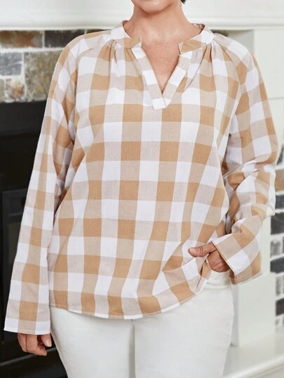 EMERY ROSE 大码女士冬季服装 V 领长袖格子休闲衬衫，日常穿着