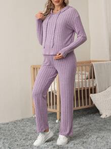SHEIN 2pcs Maternity Solid Color Long Sleeve Ribbed Casual Top And Pants Set - Mauve Purple - View 1