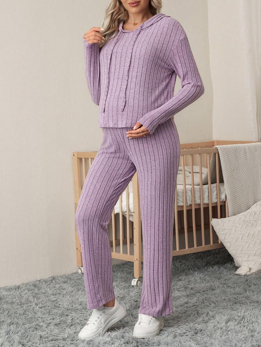 SHEIN 2pcs Maternity Solid Color Long Sleeve Ribbed Casual Top And Pants Set - Mauve Purple - View 1