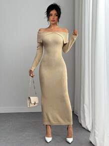 Chiquease Elegant Fitted Collar Long Sleeve Knit Warm High Waist Apricot Sweater Dress For Women, Autumn/Winter