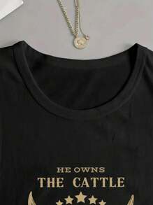 SHEIN LUNE Western Cow Skull And Faith Letter Print Crew Neck Women T-Shirt Graphic Tees Women Tops