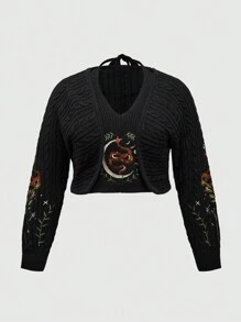 ROMWE Hippie Plus Size 2pcs/Set Hippie Style Snake And Plant Embroidery Cardigan And Knitted Tank Top