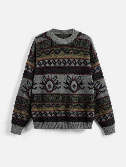 Fairycore Femmes Chandail Oversize à Manches Dolman Col Rond Motif Géométrique, Automne/Hiver