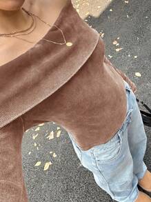 SHEIN EZwear Women Open Shoulder Long Sleeve Crop Top T-Shirt - Camel - View 1