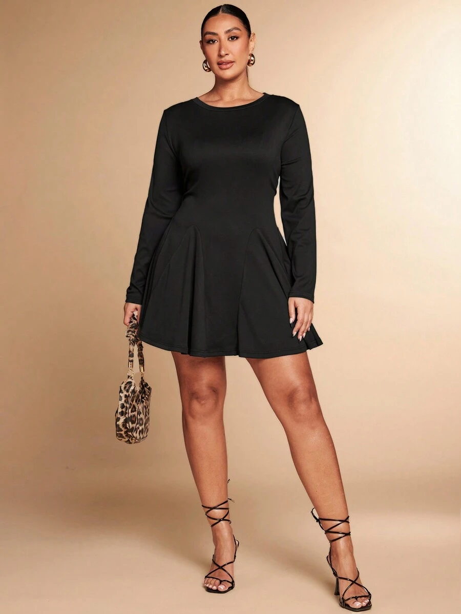 SHEIN BAE Plus Size Solid Color Long Sleeve Casual Dress, Minimalist & Fashionable For Everyday Wear Women's Black Solid Sweet Casual Round Neck Long Sleeve Simple Ruffle Hem Short Mini Dress/Black Homecoming Dress Cocktail Party, Birthday Party, Christmas, New Year, Holiday Dresses, Prom Dresses