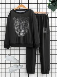 Set de 2 piezas de sudadera con capucha y pantalón de chándal con estampado de león de moda para niños, apto para otoño e invierno