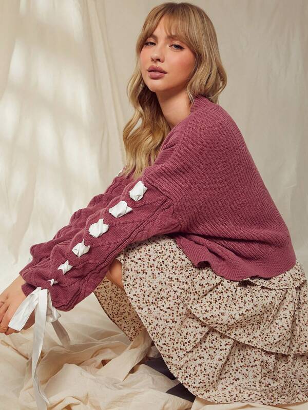 WESTFADE Spring Cable Knit Open Front Lace Up Bow Tie Long Sleeve Cowgirl Cardigan Sweater