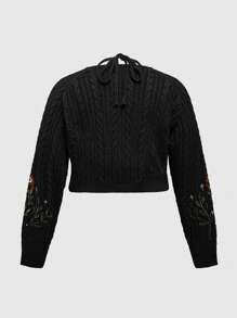 ROMWE Hippie Plus Size 2pcs/Set Hippie Style Snake And Plant Embroidery Cardigan And Knitted Tank Top