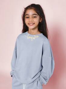 SUMWON Conjunto de 2 piezas para niña preadolescente con sudadera cuello redondo cómoda con estampado gráfico en el cuello y pantalón de chándal de corte recto