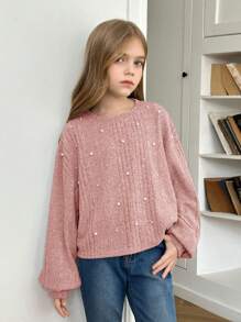 SHEIN 青少年女孩针织毛绒罗纹铆钉圆领宽松休闲长袖保暖 T 恤 - 粉色 - 查看 8