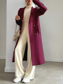 EURMUSE Women's Solid Color Double Breasted Pocket Long Sleeve Overcoat, Autumn/Winter - Red - View 6