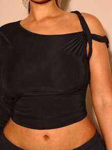 SHEIN BAE Große Größen asymmetrisches schwarzes V-Ausschnitt T-Shirt, geeignet für Valentinstag, Sommer, Geburtstag, formelle Party, sexy Kurvensilhouette - Schwarz - Übersicht 8