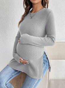 SHEIN Pregnant Women Round Neck Long Sleeve Solid Color Side Slit Hem Casual T-Shirt, Autumn/Winter - Light Grey - View 3