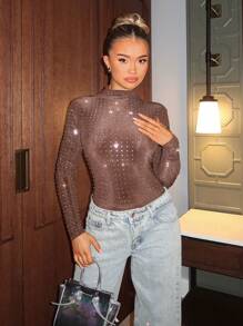 SHEIN BAE Women's Khaki/Nude Fashion Clubwear/Party/Club Outfit, Elegant Rhinestone Decor Stand Collar Long Sleeve Fitted Bodysuit - Coffee Brown - View 3