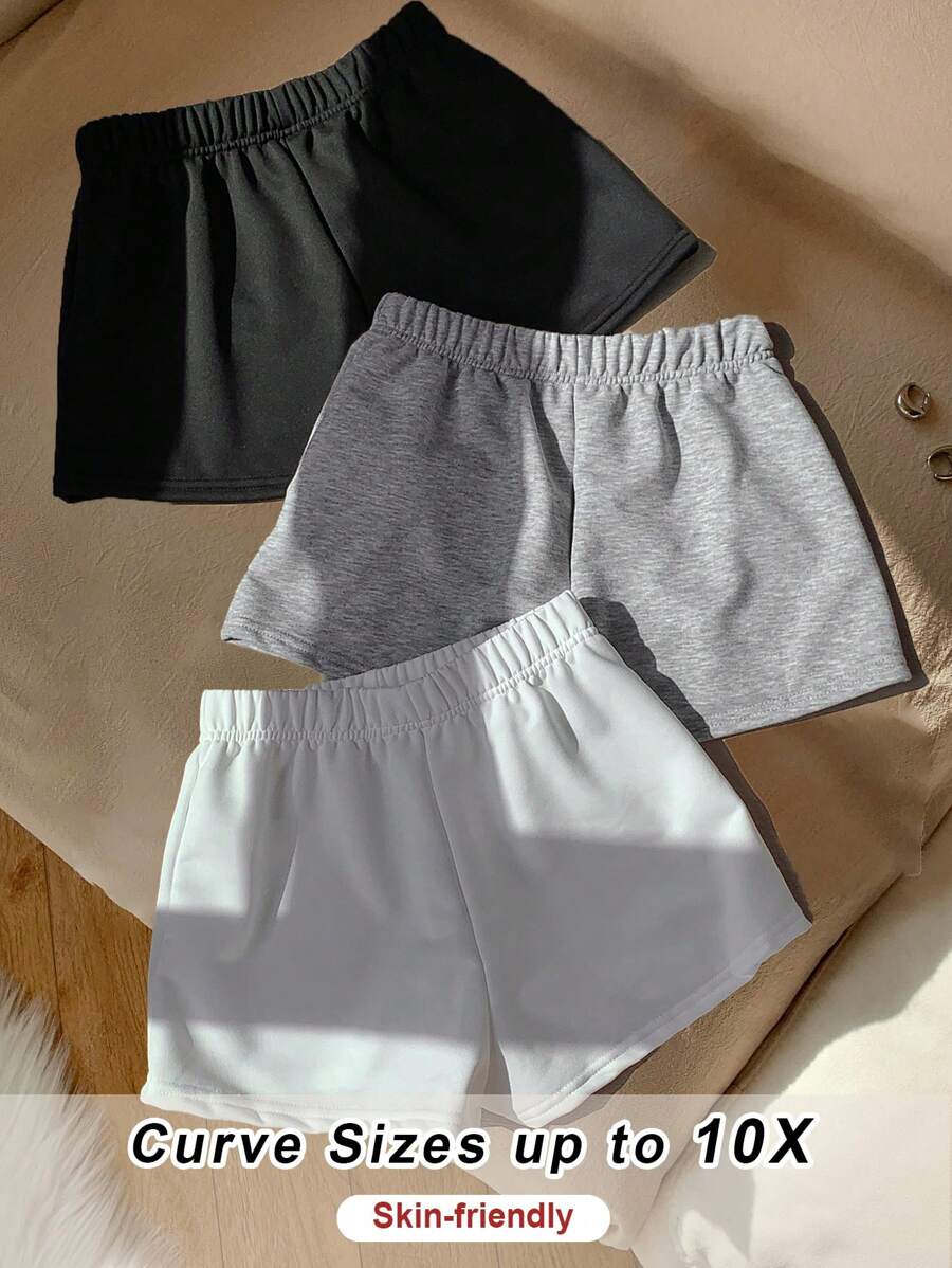 SHEIN CURVE+ Conjunto de 3 piezas de shorts de unicolor, estilo simple y de uso diario para tallas grandes de mujer - Multicolor - Ver 1