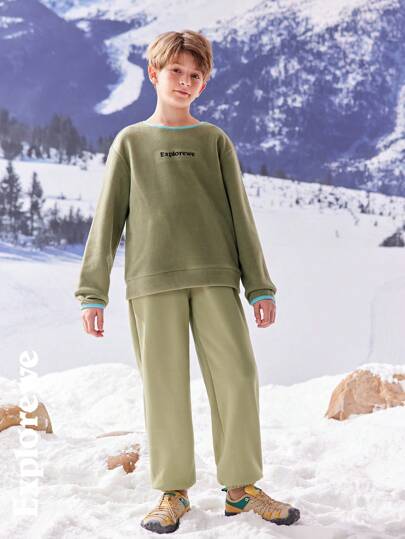 SHEIN 2pcs/Set Tween Boys Solid Color Patchwork Round Neck Long Sleeve Top And Pants, Simple Style