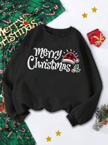 女孩圣诞节“圣诞快乐”圣诞帽印花圆领运动衫 - 黑色 - 查看 1