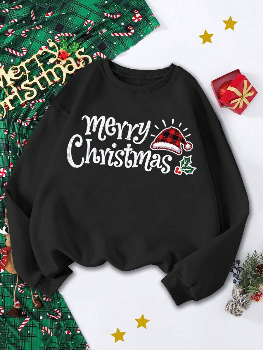 女孩圣诞节“圣诞快乐”圣诞帽印花圆领运动衫 - 黑色 - 查看 1
