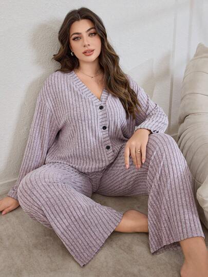 Lazeform Conjunto de pijama informal de cárdigan con botones de felpa suave acanalada de talla grande, ropa de otoño e invierno, atuendo acogedor