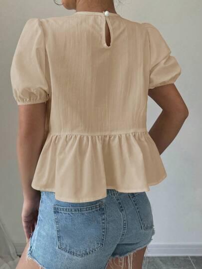 Selianne Short Sleeve Ruffle Hem Blouse With Bowknot Neck, Solid Color Peplum Top