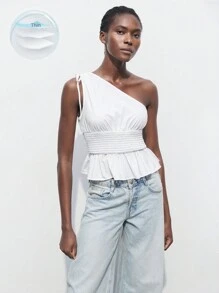 Maija Women's Summer One-Shoulder Sleeveless Top With Drawstring Shoulder And Ruffled Trim, Open Shoulder Blouse - White - View 1