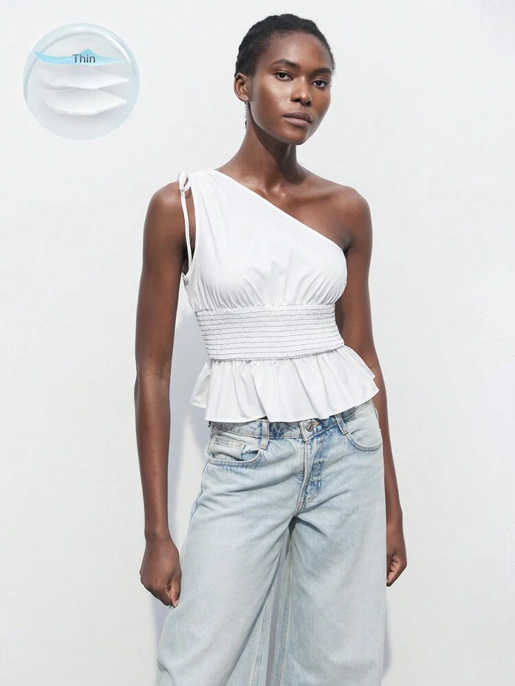 SHEIN Maija Women's Summer One-Shoulder Sleeveless Top With Drawstring Shoulder And Ruffled Trim, Open Shoulder Blouse